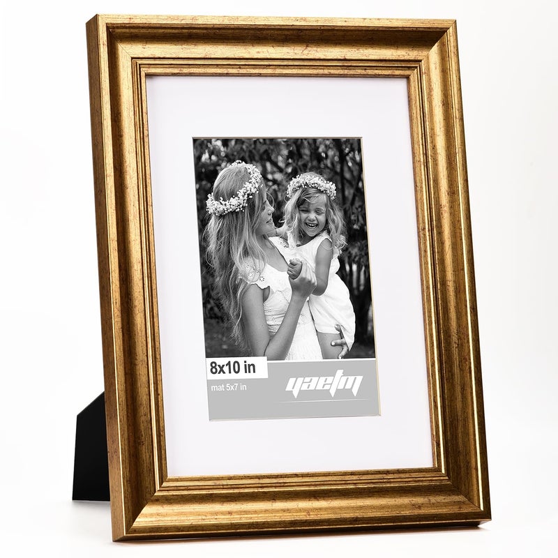 Yaetm 8x10 Picture Frame Matted to 5x7 Set of 4  1.4  Wide Molding & Rustic Gold Photo Frames 8 x 10 with Tempered Glass  Display on Tabletop & Wall Mounting (4 pack  Gold) - Image 2